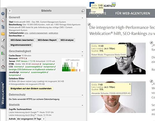 Anzeige Bildgröße und Qualität für Redakteure